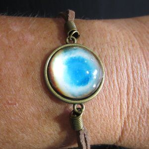 New World Glass Bracelet Astro Galactic Cabochon Bronze Tone Leather Unisex 7"